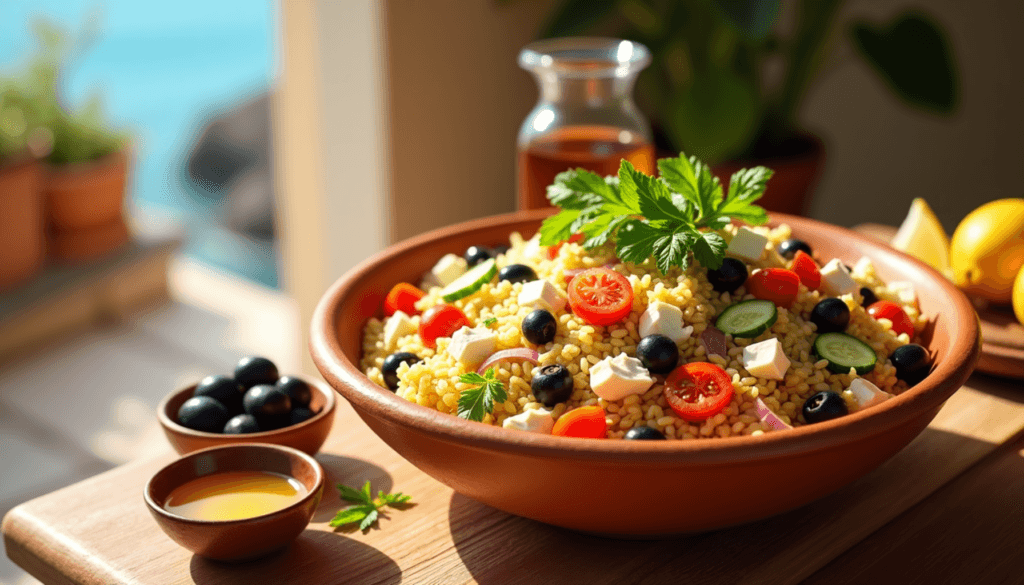 Mediterranean rice with olives, feta, and cherry tomatoes.