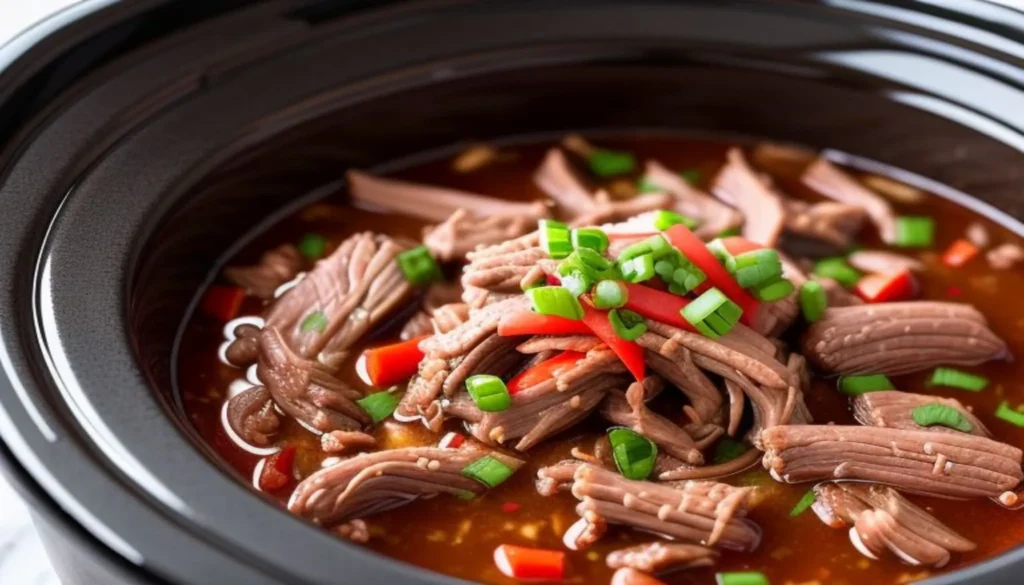 Juicy Crock Pot Shredded Beef on a Plate