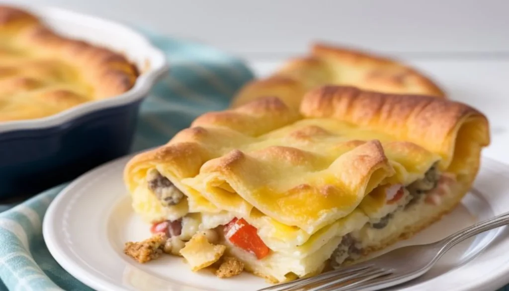 Delicious crescent roll breakfast casserole served on a plate, showcasing its buttery layers and hearty fillings, ideal for busy mornings or weekend brunch.