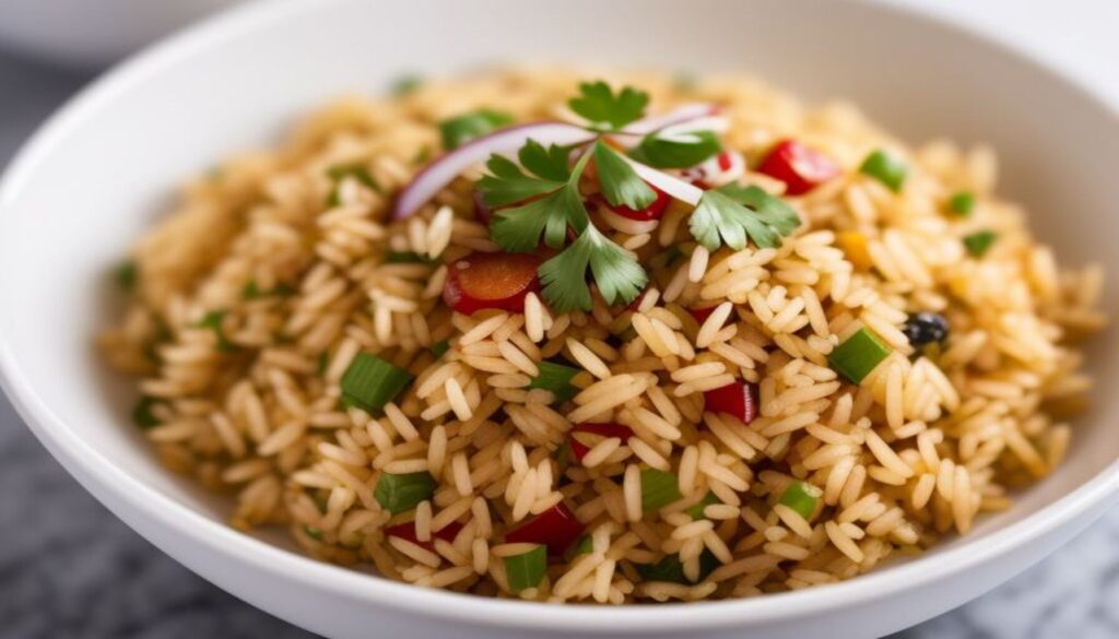 Close-up of Mediterranean rice garnished with parsley and lemon slices.