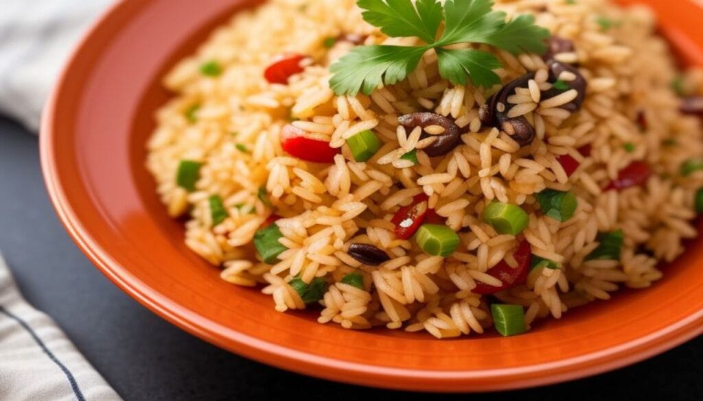 A bowl of flavorful Mediterranean rice with herbs and vegetables