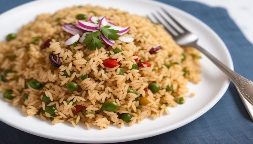 Mediterranean rice served with grilled vegetables and tzatziki sauce.