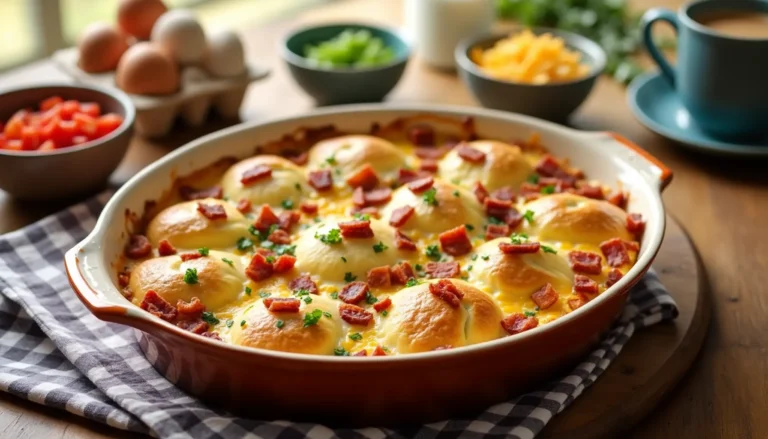 A close-up of crescent roll breakfast casserole, highlighting the golden crescent rolls and savory toppings, a comforting dish for any meal of the day.