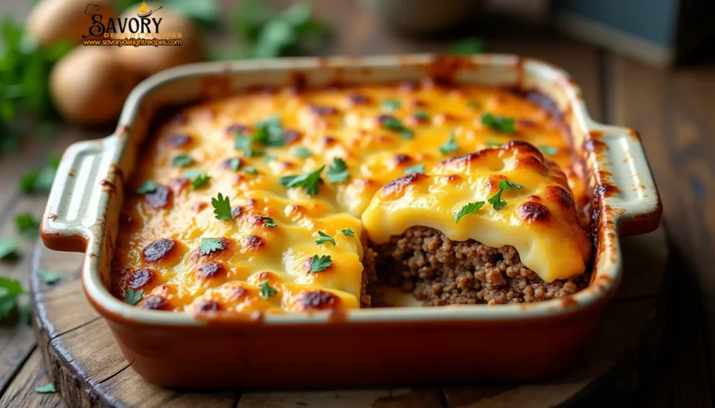 The hamburger potato casserole is a delicious and comforting dish that features layers of savory seasoned ground beef, creamy mashed potatoes, and melted cheese, all topped with crispy fried onions. The combination of the tender beef, fluffy potatoes, and gooey cheese creates a satisfying and flavorful meal. The crunchy fried onions on top add a nice textural contrast and a touch of salty goodness. This casserole is the perfect comfort food, perfect for a cozy family dinner or a potluck gathering.