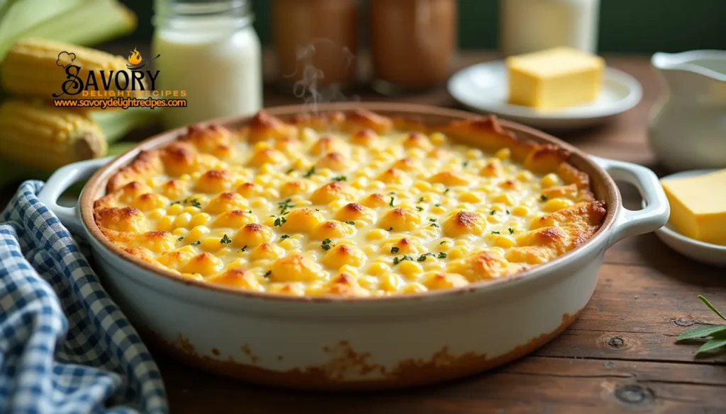 Creamy and golden Paula Deen corn casserole in a baking dish, topped with melted cheese and crispy edges.