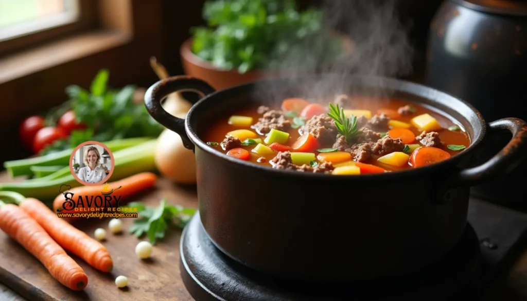 Hearty hamburger soup pioneer woman, featuring a savory broth filled with ground beef, colorful vegetables, and tender noodles in a rustic bowl.