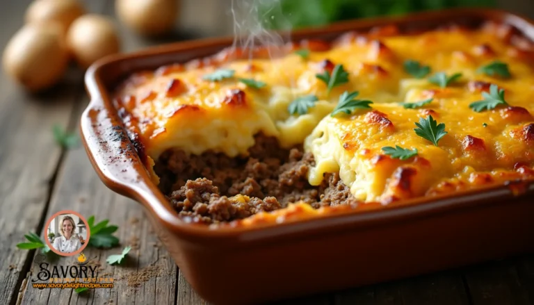 A hearty ground beef potato casserole topped with melted cheese, offering a delicious combination of tender potatoes and seasoned ground beef for a comforting meal.