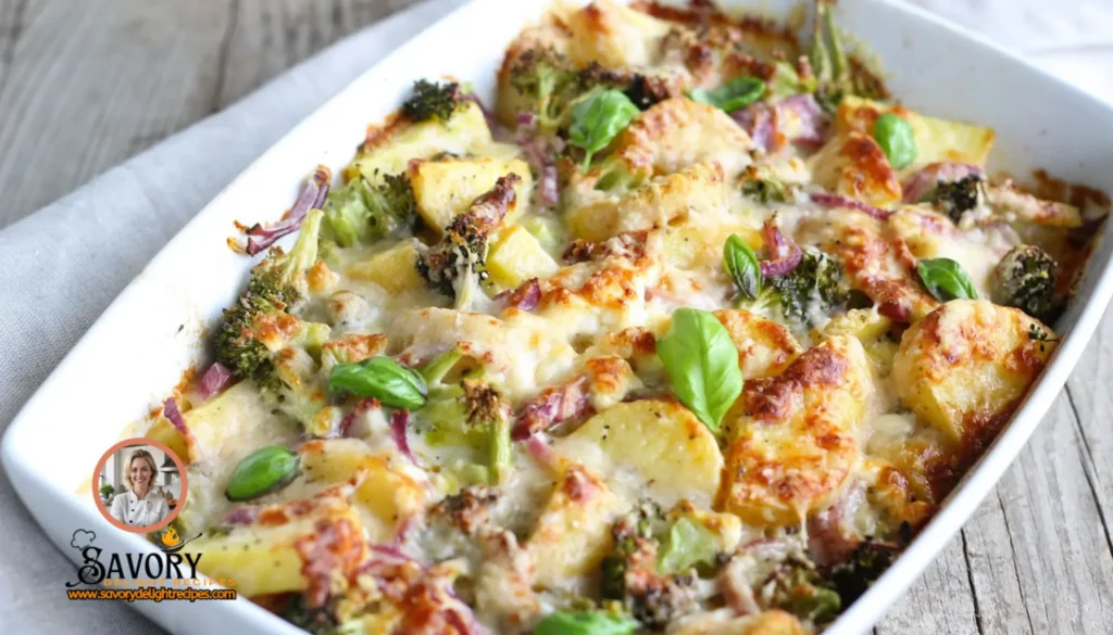 A close-up of a hearty chicken rice broccoli casserole in a white baking dish, topped with melted cheese and garnished with fresh herbs.