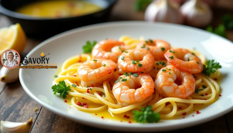 Delicious plate of Red Lobster shrimp scampi with garlic butter sauce served with pasta.