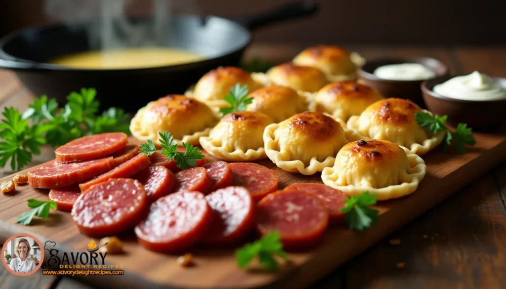 A hearty serving of kielbasa and pierogies topped with caramelized onions and fresh herbs on a rustic plate.