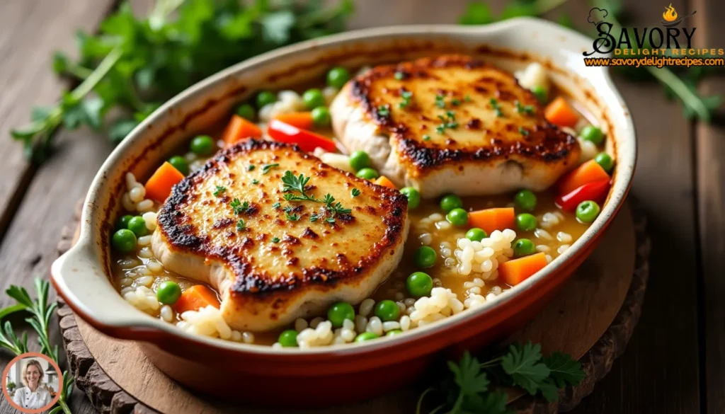 A baked pork chop casserole with rice topped with fresh herbs in a white dish.