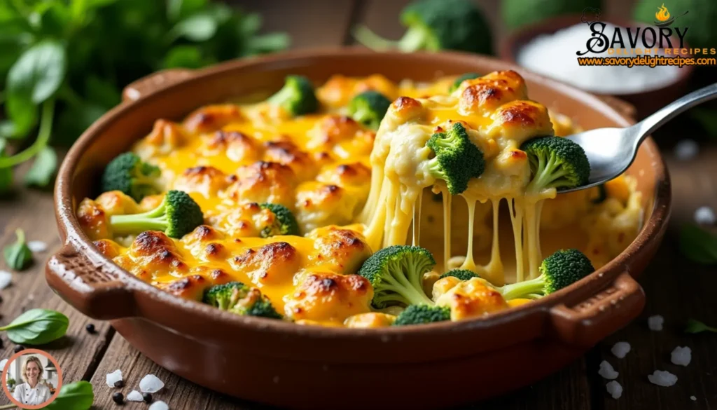 A delicious chicken broccoli casserole baked with creamy sauce, tender chicken, and fresh broccoli, perfect for a comforting family meal.