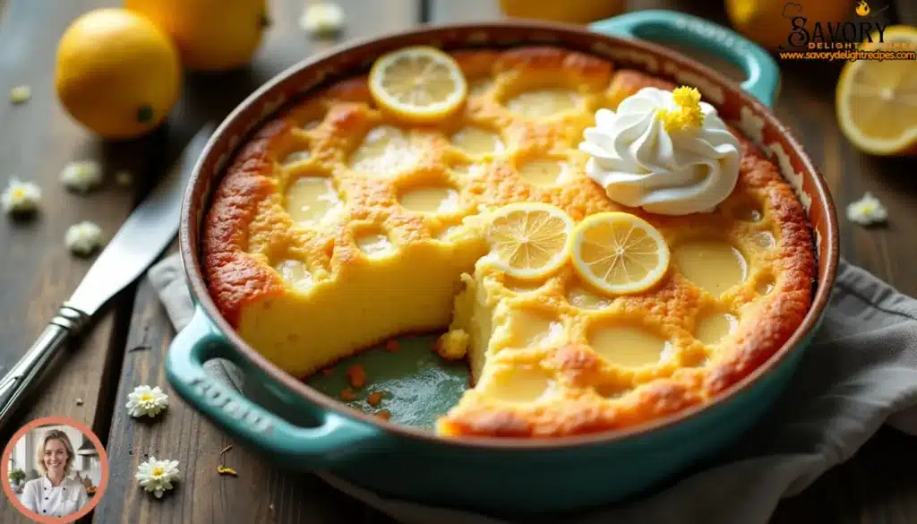 Delicious lemon dump cake with cream cheese topped with golden crumbs, a refreshing dessert.