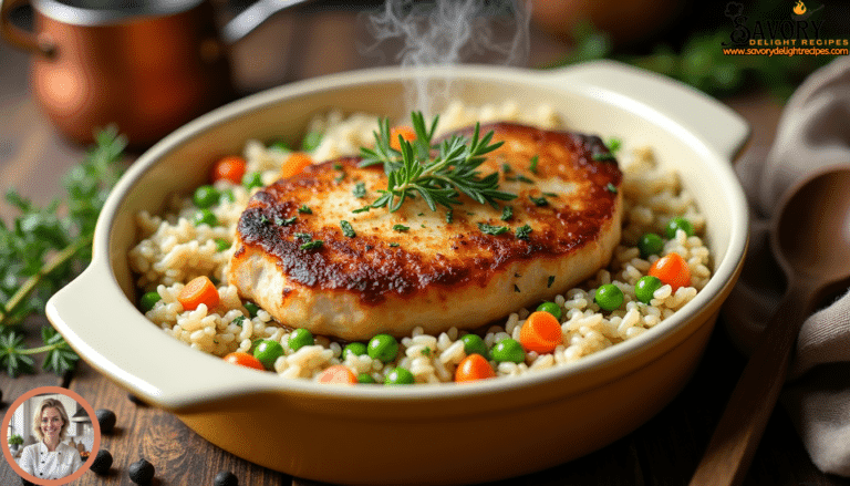 Close-up of a freshly baked pork chops and rice casserole, garnished with fresh herbs, in a ceramic baking dish.