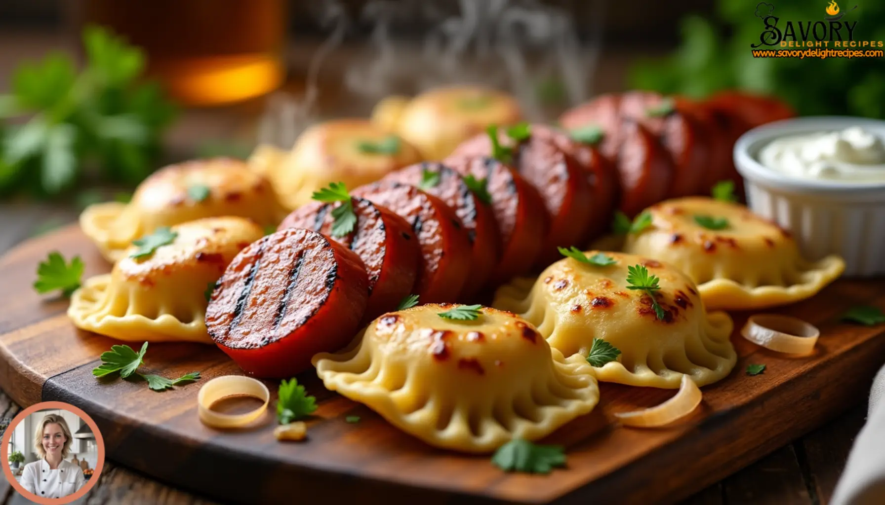 Delicious homemade pierogies and kielbasa served with sautéed onions and herbs.