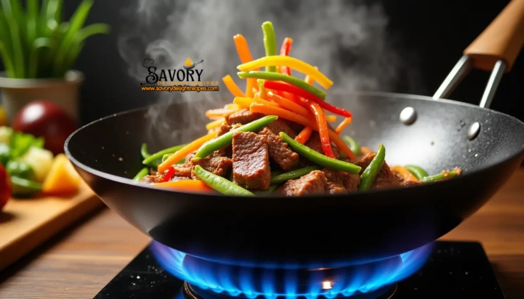 Sizzling beef stir fry recipe with colorful vegetables in a wok, showcasing a quick and flavorful Asian-inspired dish perfect for weeknight dinners.