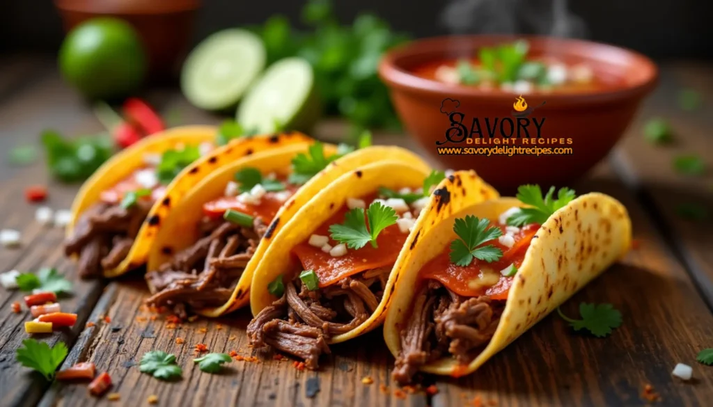 Sizzling quesabirria tacos on a rustic plate, showcasing crispy, cheese-crusted tortillas filled with tender, slow-cooked beef and melted cheese, served with a side of rich consommé for dipping.