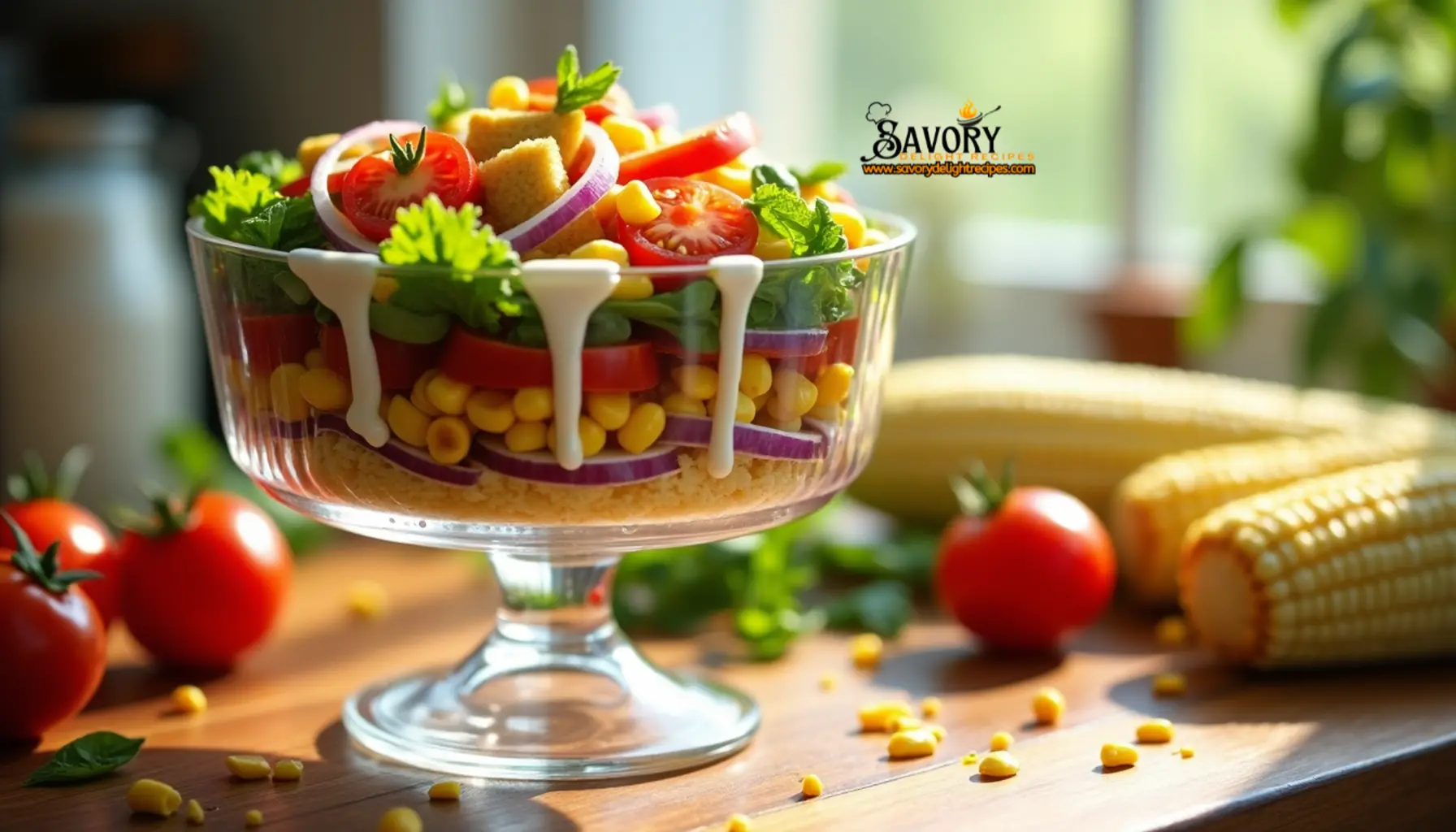 A colorful layered cornbread salad in a clear glass bowl, showcasing layers of crumbled cornbread, fresh vegetables, and creamy dressing.