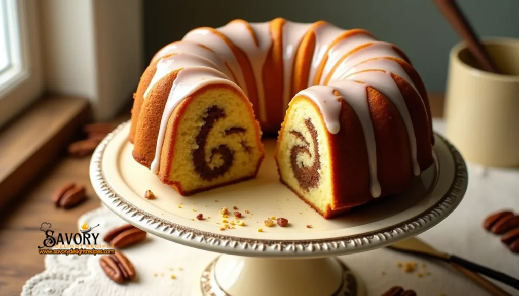 A moist and decadent Sock It To Me Cake, featuring a golden brown crust with a swirl of cinnamon, pecans, and brown sugar visible on top. The classic Southern dessert is displayed on a vintage cake stand, ready to be served.