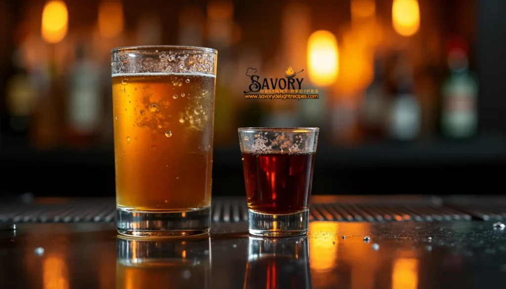 A shot glass of Jägermeister dropped into a glass of energy drink, creating a classic Jager bomb cocktail