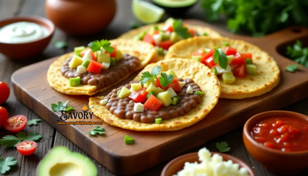 Colorful Mexican sopes topped with vibrant toppings: a traditional dish featuring thick corn tortillas with raised edges, layered with refried beans, seasoned meat, fresh vegetables, and crumbled cheese.