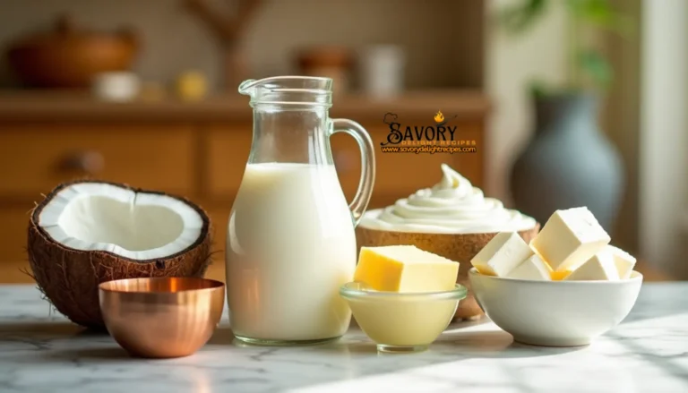 Various dairy and non-dairy heavy cream substitutes in small bowls, including coconut milk, silken tofu, and Greek yogurt