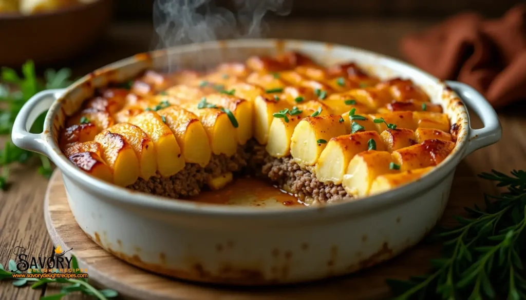 A hamburger and potato casserole is a hearty, comforting dish perfect for any family meal. This casserole combines savory ground beef with tender potatoes, creating a deliciously filling dish. Typically, the hamburger is browned and seasoned with onions, garlic, and spices before being layered with sliced or diced potatoes. A creamy sauce, often made from sour cream, cheese, and a touch of mustard or cream of mushroom soup, is poured over the layers, then baked until golden and bubbly. Topped with shredded cheese, the casserole becomes a rich and flavorful meal that's sure to satisfy everyone's appetite.