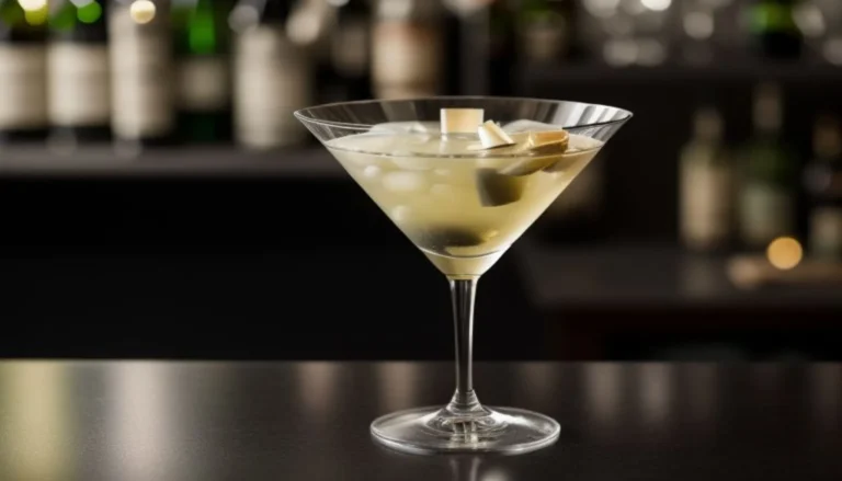 A chilled glass of dirty martini, garnished with green olives on a cocktail pick, showcasing the classic cocktail's cloudy appearance due to olive brine.