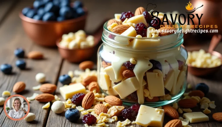 Close-up of a bowl filled with white chocolate trail mix featuring nuts, dried fruits, and creamy white chocolate chips.