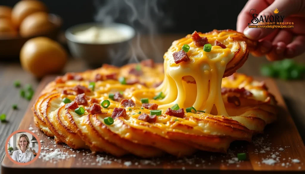 Close-up of a serving dish filled with creamy and crispy Mississippi Mud Potatoes topped with melted cheese and crispy bacon bits.