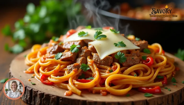 A creamy and savory cheesesteak pasta dish topped with melted cheese, tender beef, and sautéed bell peppers, served in a white bowl.