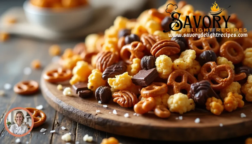 Sweet and salty snack mix in a bowl with pretzels, chocolate, and nuts