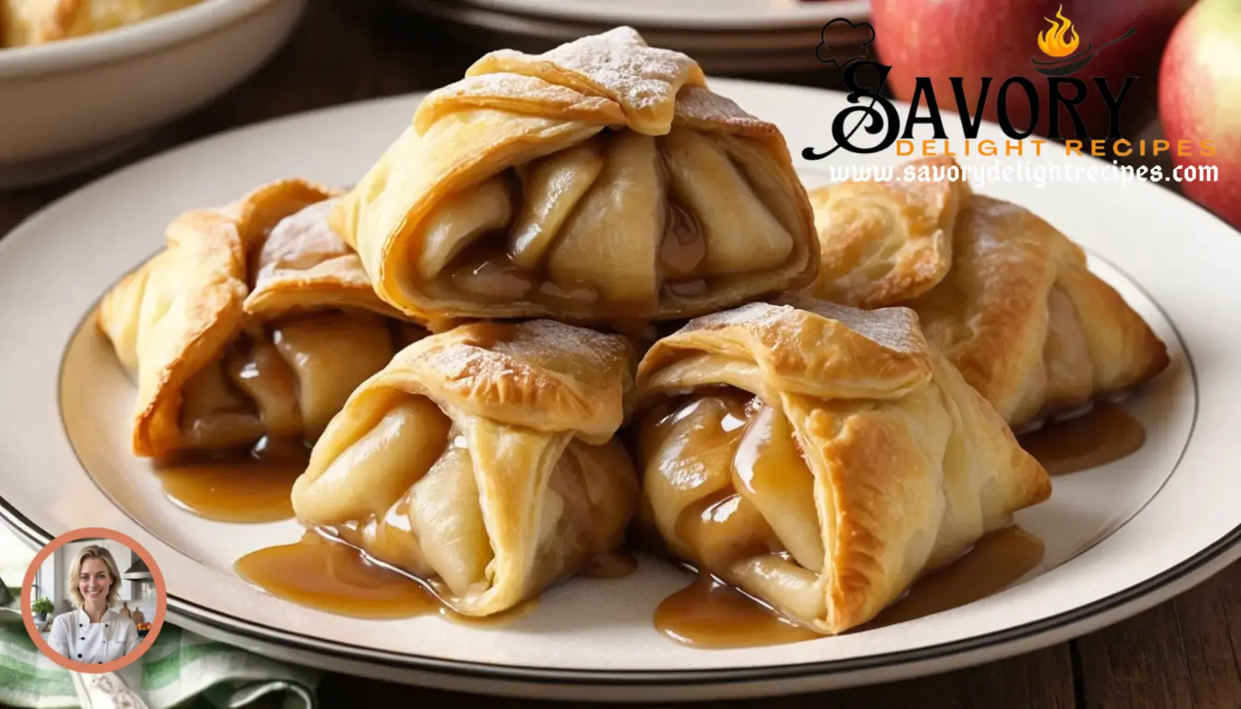 Golden-brown crescent roll apple dumplings drizzled with a cinnamon-sugar glaze, served warm with a scoop of vanilla ice cream.