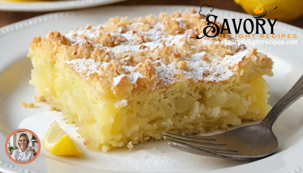 A golden-brown lemon dump cake in a baking dish, topped with melted butter and lemon slices, served on a wooden table.