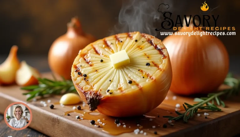 A plate of freshly baked Tennessee onions garnished with melted cheese and herbs, served as a comforting side dish.