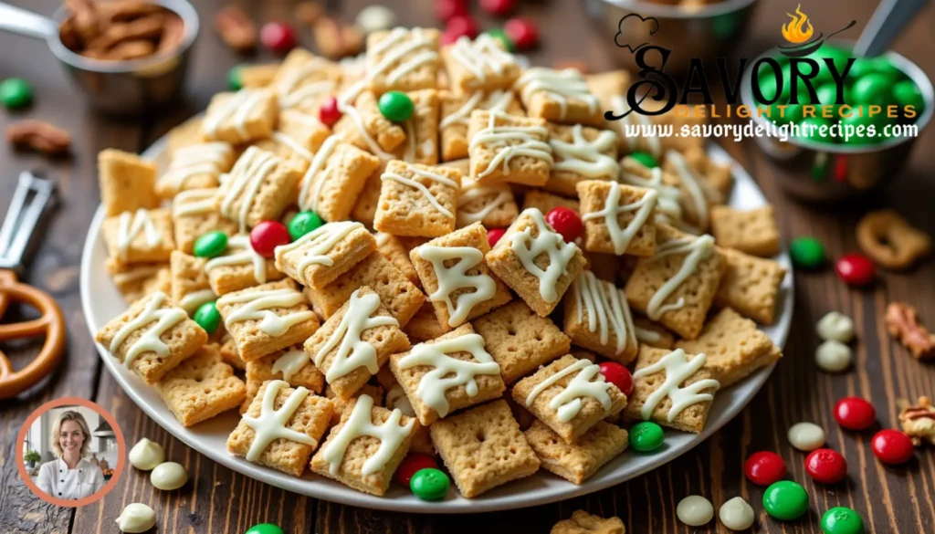 White chocolate chex mix with crispy cereal, pretzels, and sweet coating.